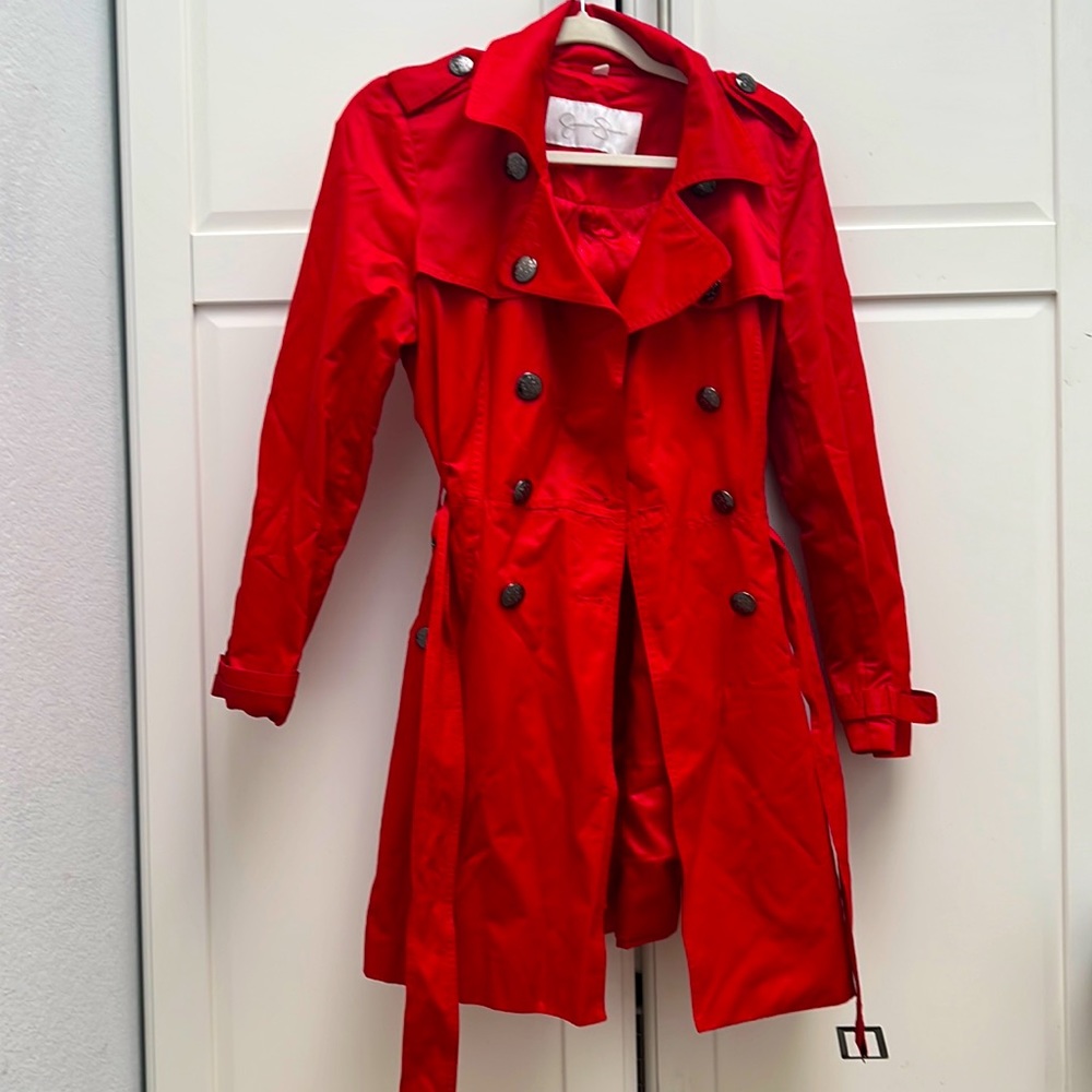 Bright red Jessica Simpson trench coat.